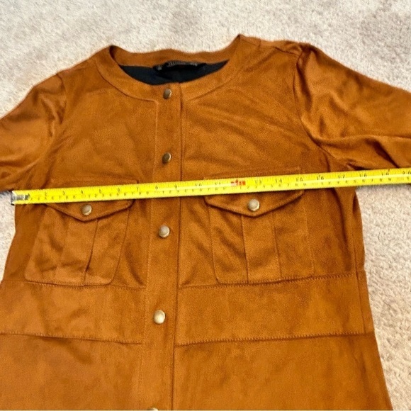 Zara Camel Brown faux suede short sleeve button front mini dress L - Picture 12 of 15